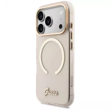 Coque MagSafe Guess IML Script Metal pour iPhone 15 Pro, rose