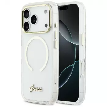 Coque MagSafe Guess IML Script Metal pour iPhone 17 Pro transparente
