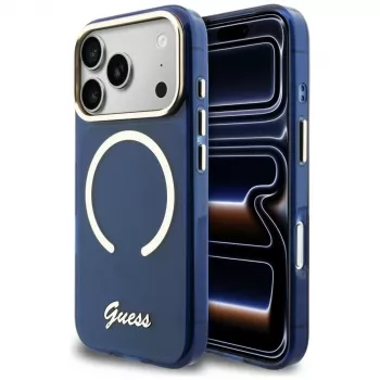 Coque MagSafe Guess IML Script Metal pour iPhone 17 Pro bleue