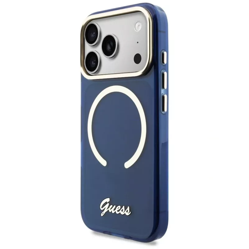 Coque MagSafe Guess IML Script Metal pour iPhone 17 Pro bleue