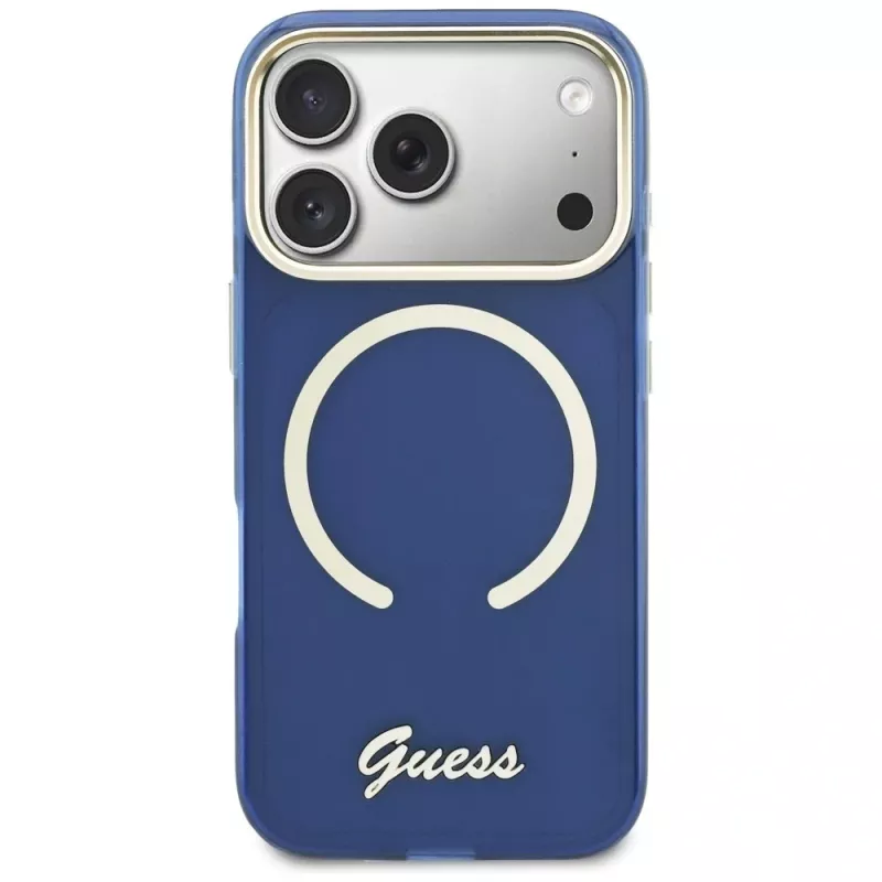 Coque MagSafe Guess IML Script Metal pour iPhone 17 Pro bleue