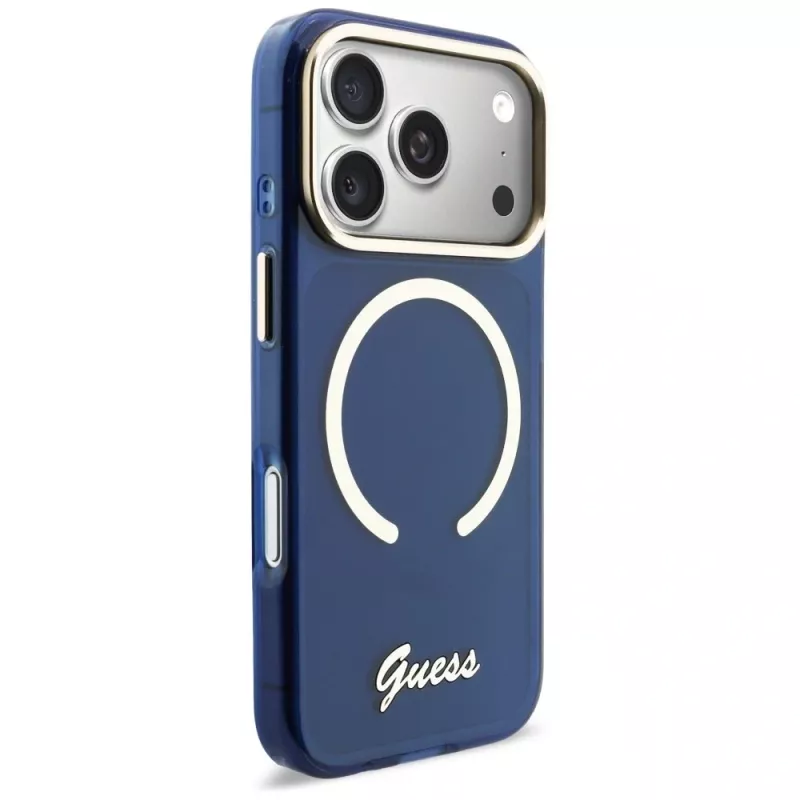 Coque MagSafe Guess IML Script Metal pour iPhone 17 Pro bleue