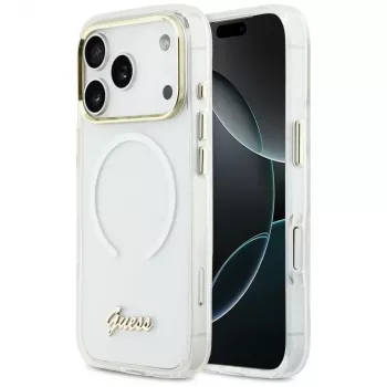 Coque MagSafe Guess IML Gradient Script Metal pour Apple iPhone 17 Pro, blanche