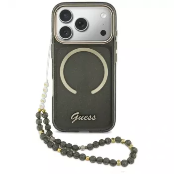 Coque MagSafe Guess IML Glitters Script Strap pour iPhone 17 Pro, noire