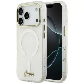 Coque MagSafe Guess IML Shell Script Metal pour iPhone 17 Pro Max, blanche