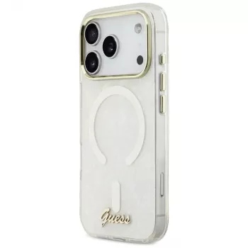 Coque MagSafe Guess IML Shell Script Metal pour iPhone 17 Pro Max, blanche