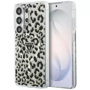 Coque MagSafe Guess IML Leopard Print Triangle pour Samsung Galaxy S26 Ultra (noire)