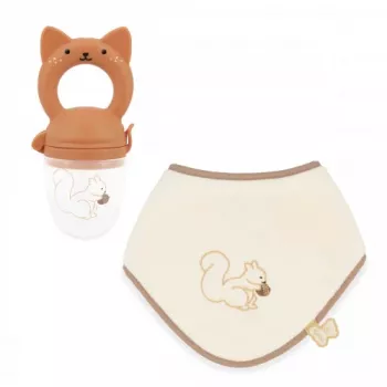 Coffret cadeau bébé Kaloo anneau de dentition fruit + bavoir Grignoti l'écureuil