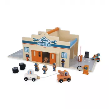 Janod garage en bois avec figurines et mécanisme d'ouverture Cross Roads 2+