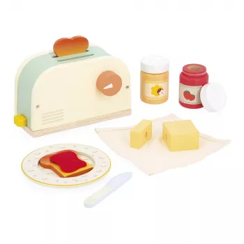 Janod set de petit-déjeuner en bois avec grille-pain et 12 accessoires Shiny Grandma 3+