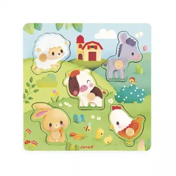 Puzzle en bois sensoriel Janod Pure Animaux de la ferme 7 pièces