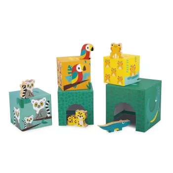 Janod Tropik Tour d'empilement avec 5 cubes et 3 figurines en bois, dès 12 mois