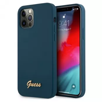 Guess GUHCP12LLSLMGBL coque rigide Metal Logo Script pour Apple iPhone 12 Pro Max, bleue