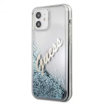 Guess coque rigide Glitter Vintage Script pour Apple iPhone 12 mini - bleue