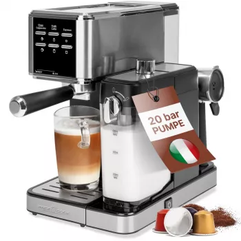 Machine à espresso PROFI COOK PC-ES-KA 1266 avec porte-filtre et système à capsules, 20 bars, 1450 W, noir/argent