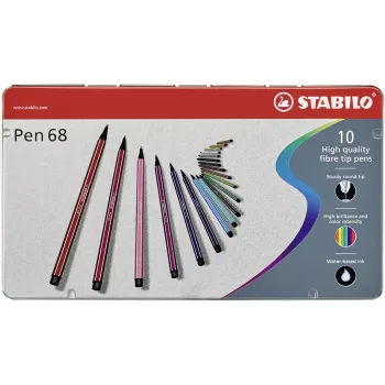Feutre à fibres STABILO Pen 68 - 1 mm - 10 couleurs assorties