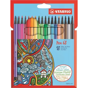 STABILO Pen 68 - Fine - 18 couleurs - Assorties - Pointe ronde - 1 mm - Assorties