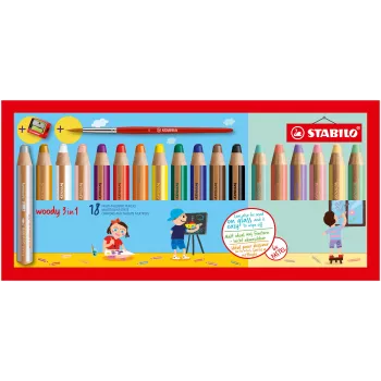 STABILO Woody 3-in-1 crayon multi-talents 7,6 cm ensemble pastel de 18 pièces avec pinceau