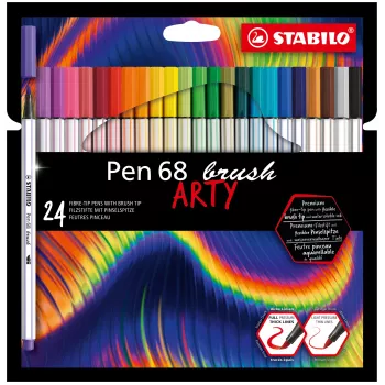 STABILO Pen 68 Brush ARTY Edition étui carton de 24 pièces - feutres à pointe pinceau flexible pour le lettering, le bullet journaling et l'illustration