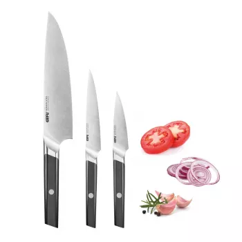 GEFU ACURO set de 3 couteaux - couteau de chef, couteau universel et couteau économe