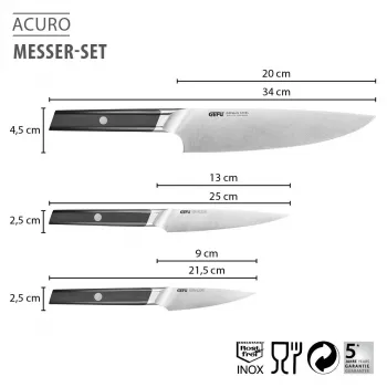 GEFU ACURO set de 3 couteaux - couteau de chef, couteau universel et couteau économe