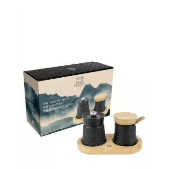 Peugeot Bali Fonte set de moulins à sel et à poivre en fonte avec plateau en bois, 8 cm, noir
