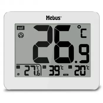 Thermomètre numérique MEBUS 1074 avec température intérieure et extérieure, écran LCD, fixation murale, blanc