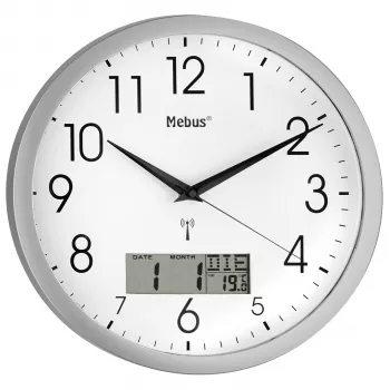 Horloge murale radio-pilotée Mebus 19422, analogique, cadran blanc, boîtier argent, 30 cm