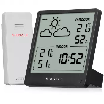 Station météo KIENZLE Weather Station Slim (15002) avec capteur extérieur sans fil, écran LCD, prévisions météo, phase de lune, réveil