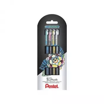 Pentel Dual Metallic Coffret de stylos gel - 4 stylos (noir, bleu, or, argent) - 0,5 mm - blister