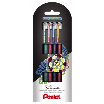 Pentel Dual Metallic set de stylos gel - 4 couleurs (vert, orange, rose, violet) - 0,5 mm pointe fine - corps plastique - blister