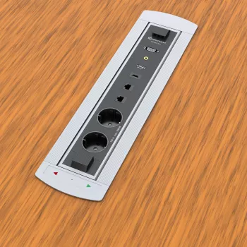 Kindermann CablePort Turn Boîtier encastré de bureau avec 2 prises Schuko, 2 RJ45 CAT6, 2 HDMI, 1 USB-A 3.0, rotation 360°, argent/noir