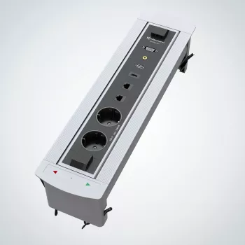 Kindermann CablePort Turn Boîtier encastré de bureau avec 2 prises Schuko, 2 RJ45 CAT6, 2 HDMI, 1 USB-A 3.0, rotation 360°, argent/noir
