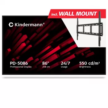 Kindermann Display PD-5086 écran de signalisation numérique professionnel 86 pouces 4K UHD, 550 cd/m², 24/7, slot OPS, non tactile