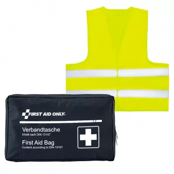 Trousse de premiers secours moto First Aid Only DIN 13167 bleue avec gilet de sécurité