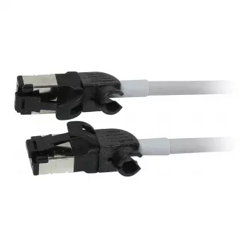 Synergy21 Câble patch RJ45, CAT6A 500MHz, 2m, gris, S/FTP, rond Slimline d=4,5mm, TPE/LSZH (Superflex), AWG28, avec connecteur brut CAT7, connecteur rotatif