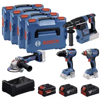 Kit combiné BOSCH POWERTOOLS 18 V perceuse-visseuse sans fil, visseuse à chocs, marteau perforateur, meuleuse d'angle (kit de 4 outils)