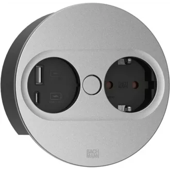 Multiprise Bachmann TWIST 2 avec 1x prise Schuko et 1x USB A/C, câble 2,0m, noir/Acier inoxydable