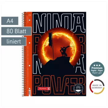 BRUNNEN Bloc de cours Ninja Power Lineatur 27 ligné DIN A4 marge intérieure, 80 feuilles, reliure spirale, 4 trous, perforé, 70 g/m², blanc