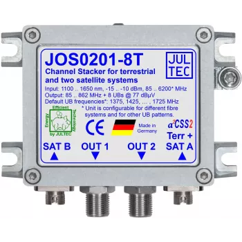 Convertisseur monocâble JULTEC JOS0201-8T Unicable II / JESS avec 2x entrée satellite optique et 1x entrée terrestre optique, 8x sortie type F, connecteurs FC/PC