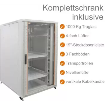 Baie réseau 19 pouces IT-BUDGET SRK - ensemble complet - 27U - 800x800 mm - porte vitrée/porte en tôle - 4 ventilateurs actifs - PDU - étagères - en kit - gris clair (90ITB19SRK2788GG)