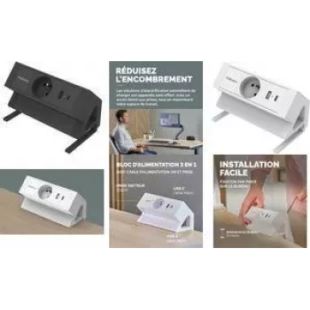 Fellowes Power Desk multiprise de bureau type E blanche 3 prises AC 2 USB-A câble 2m