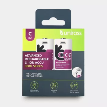 Uniross USB-C C/HR14 Piles rechargeables lithium-ion 3000mAh, lot de 2