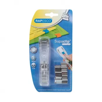 Distributeur de clips Rapesco Supaclip 40 - transparent - 40 feuilles - clips en acier inoxydable - 8 clips inclus
