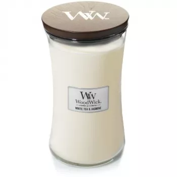 Bougie parfumée WoodWick White Tea & Jasmine en verre, Medium, 275 g
