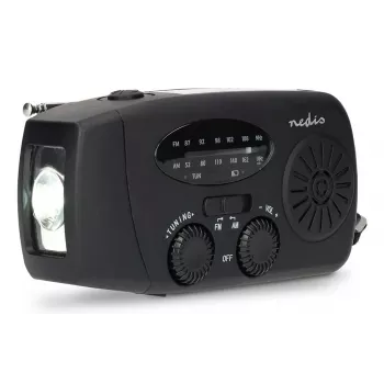 Nedis RDFMCR2000BK Radio solaire avec lampe torche et fonction SOS, FM/AM, USB-C, 2000 mAh, noir