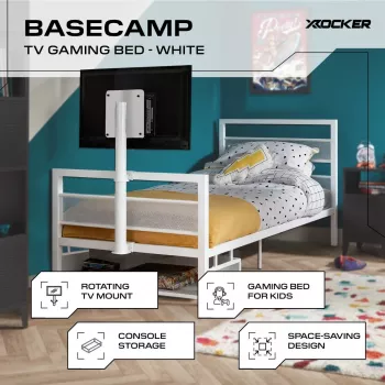 Lit simple gaming XROCKER 90x190 cm avec support TV métal blanc