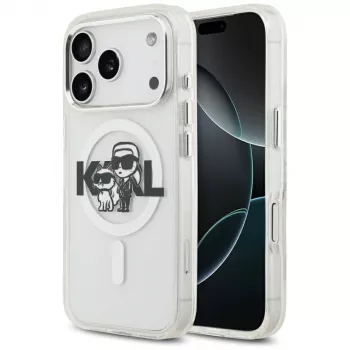 Coque MagSafe Karl Lagerfeld IML Glitter Karl & Choupette Sketch Logo pour iPhone 17 Pro, transparente