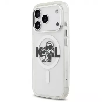 Coque MagSafe Karl Lagerfeld IML Glitter Karl & Choupette Sketch Logo pour iPhone 17 Pro, transparente