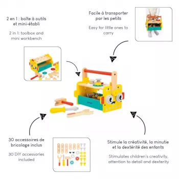 Janod Brico'kids boîte à outils avec outils - jouet en bois pour jeux de rôle